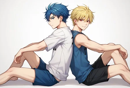 score_9, score_8_up, source_anime, highly detailed,
multiple boys, 2boys, blonde hair, blue hair, blue eyes, sitting, male focus, t-shirt, sleeveless, red eyes, back-to-back,