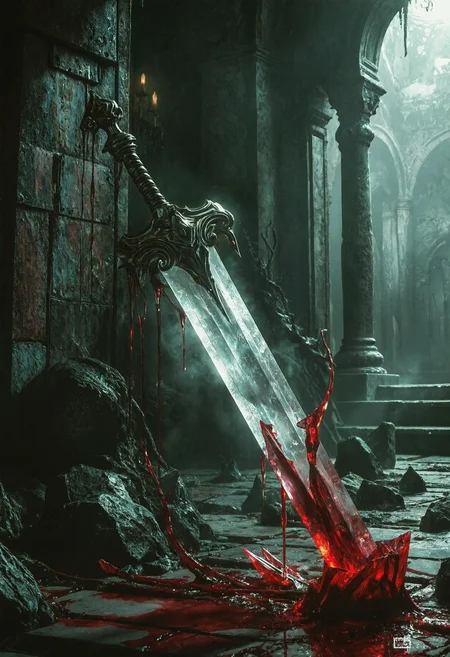 Grimdark fantasy image capturing the essence of a translucent machine-greatsword crafted with stone enclosed by a large crystal. Inside of a grim sepulchre, surrounded by blood. The scene's foreboding lighting is accentuated by a haunting tone; subdued hues, intense contrast, nightmarish, sinister, masterpiece, authentic