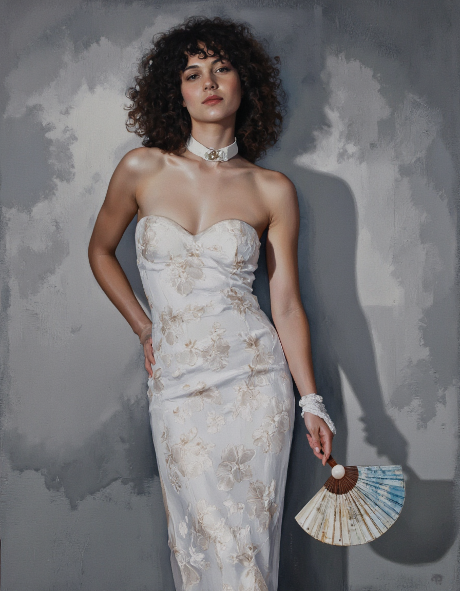 Art by Linda Delahaye.
A photo-realistic portrait of a woman with curly black hair, painted in a realistic style with a soft, muted color palette. the woman, who appears to be in her late 20s, is standing in the middle of the image, wearing a strapless white dress with a floral pattern and a white collar, holding a hand fan in her right hand. her hair is styled in long, curly locks, and she has a neutral expression on her face. the background is a simple, textured gray wall with a subtle shadow cast on it, creating a sense of depth and dimension. the lighting is soft and diffused, casting gentle shadows that accentuate her figure. the overall mood is elegant and sophisticated, with a focus on the woman's beauty and the intricate details of the hand fan.