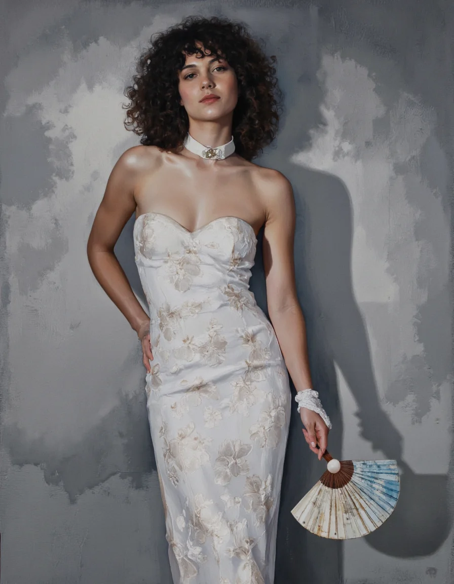 Art by Linda Delahaye.
A photo-realistic portrait of a woman with curly black hair, painted in a realistic style with a soft, muted color palette. the woman, who appears to be in her late 20s, is standing in the middle of the image, wearing a strapless white dress with a floral pattern and a white collar, holding a hand fan in her right hand. her hair is styled in long, curly locks, and she has a neutral expression on her face. the background is a simple, textured gray wall with a subtle shadow cast on it, creating a sense of depth and dimension. the lighting is soft and diffused, casting gentle shadows that accentuate her figure. the overall mood is elegant and sophisticated, with a focus on the woman's beauty and the intricate details of the hand fan.