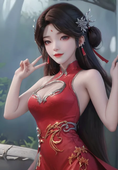 looking_at_viewer,cowboy_shot,(v_arms:1.4),1girl,solo,dress,(face light:1.5),hair ornament,portiart,from front,masterpiece,(best quality),official art,extremely detailed cg 8k wallpaper,((crystalstexture skin)),(extremely delicate and beautiful),solo,photo_\(medium\),hiqcgbody,chinese background,(smile:0.8),red cheongsam,eye-contact,jewelry,long hair,<lora:huolinger_V2-000008:1>,