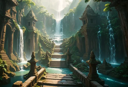 Fantasy still The Lost world, midday, ral-fntsyrlms, (old temple:1.1), a long staircase, waterfall, volumetric light, mystical glow, Fantasy still The Lost world, midday, ral-fntsyrlms, (old temple:1.1), a long staircase, waterfall, volumetric light, mystical glow, intricate, elegant, highly detailed, incredible quality, peaceful color, pristine, sharp focus, dramatic cinematic, extremely aesthetic, lush, creative, epic, singular, brilliant, fantastic