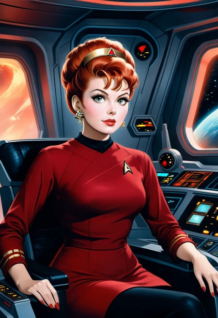 UHD, 8K, ultra detailed, a cinematic photograph of close up portrait alcohol ink painterly fantasy artistic painting of an ultra realistic Captain Lucille Ball, updo red hair with a golden headband, in a red starfleet startrek longsleeve minidress, sitting in the Captains chair on the Enterprise, cinematic dreamy atmosphere. intuitive muted colors, soft brush strokes, epic artwork, oil paint texture, glowing effects, spaceship enterior in the background, beautiful lighting, great composition