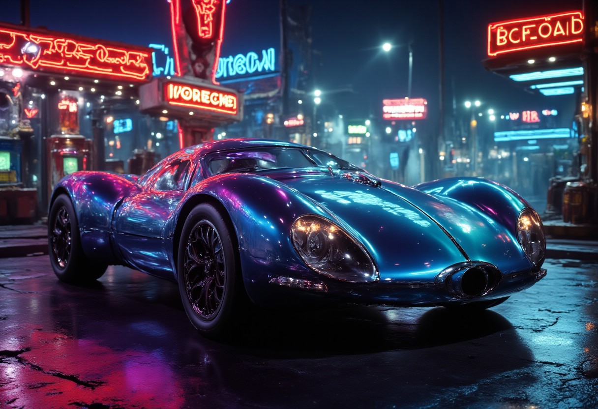 A highly detailed photo of a luxurious retro-futuristic supercar under neon lights at a vintage gas station. The car's sleek body, chrome details, and pearlescent indigo-blue paint reflect the light, evoking a nostalgic 1950s aesthetic. The atmospheric scene includes a "Red Rocket" sign and wet pavement, adding to the cinematic feel.
