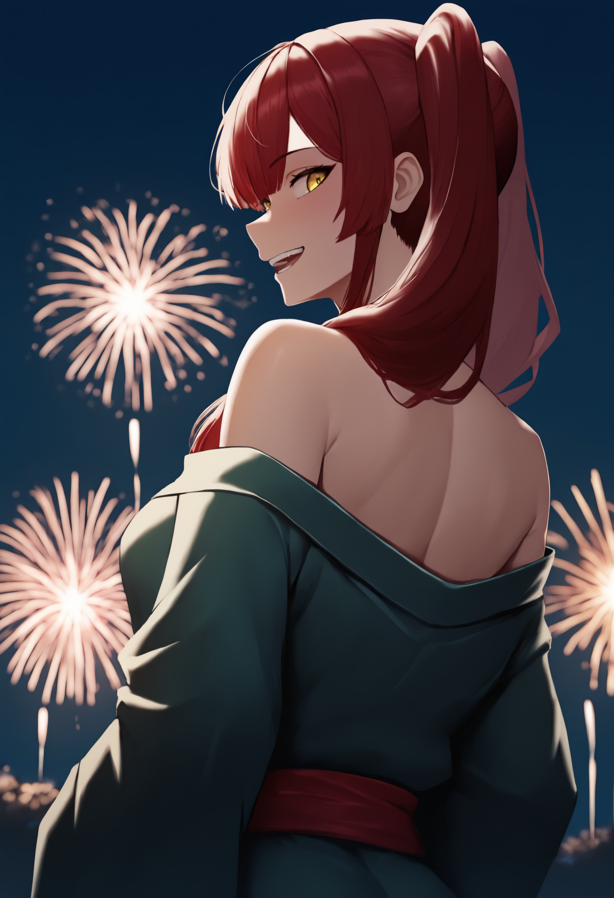 masterpiece, best quality, newest, anime, from behind, solo, 1girl, zar4def, smile, open mouth, teeth, looking back, long hair, red hair, twintails, yellow eyes, japanese clothes, green kimono, off shoulder, kimono pull, red sash, bare shoulders, outdoors, night, fireworks
<segment:yolo-Anzhc Face seg 640 v3 y11n.pt,0.4,1//cid=11>