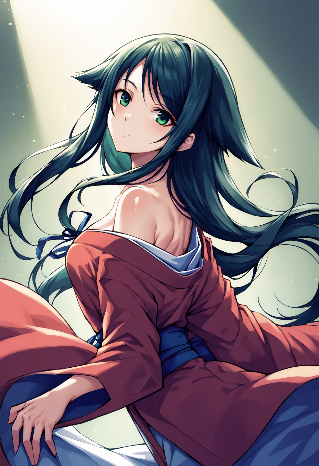 score_9, score_8_up, score_7_up, source_anime, uncensored, zPDXLxxx, <lora:intricate_details:1> intricate_details_xl, day, art gallery, spotlight, shadow, lower body, downpants, pectoral focus,
<lora:Saya_No_Uta_v1.0-000040:0.9> Saya, saya_(saya_no_uta), 1girl, solo, long hair, looking at viewer, green eyes, green hair, collarbone, blue hair, ribbon, hair flaps, red kimono, kimono, expressionless, from side, dancing, sad smile,