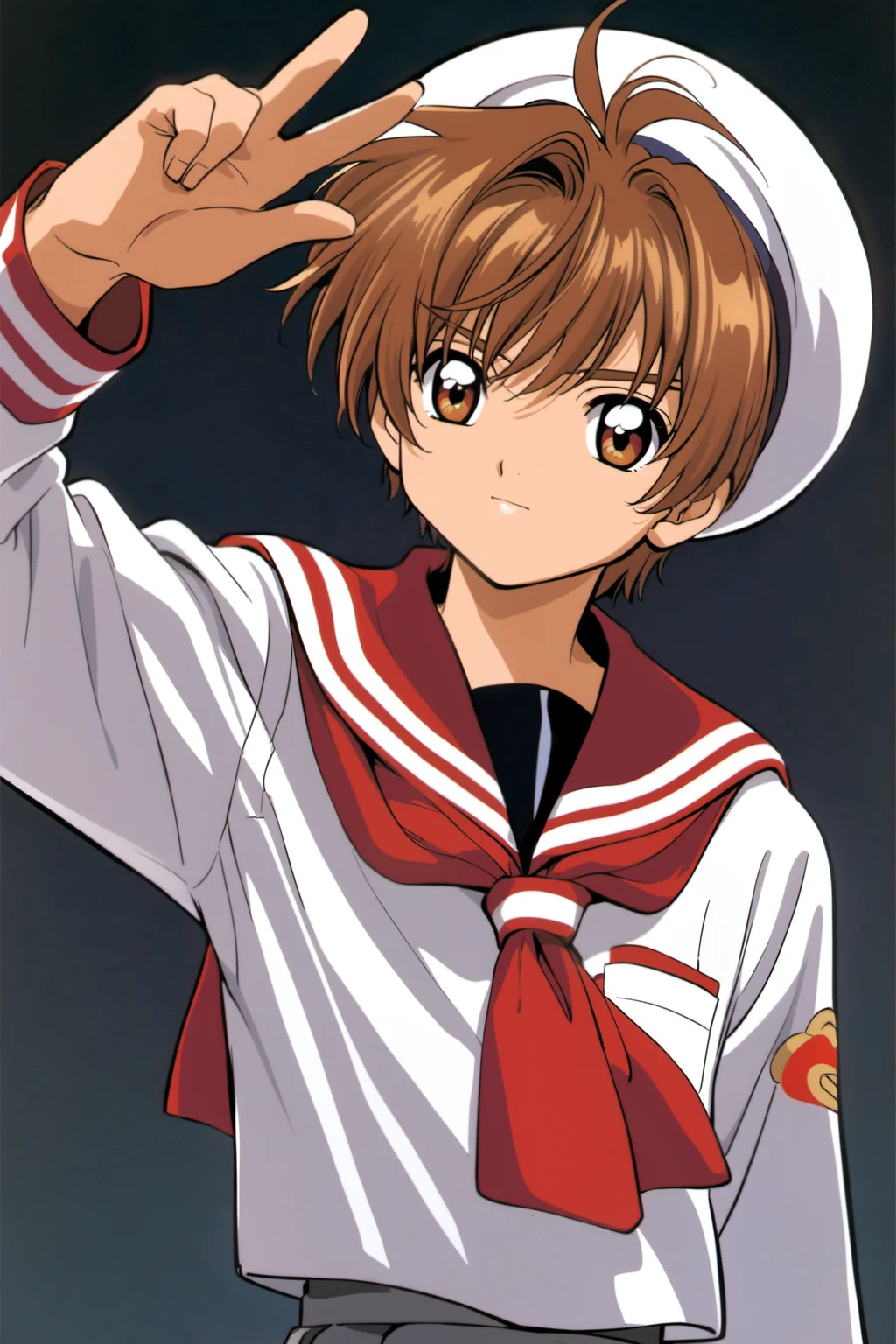 1boy, Li Syaoran, solo, brown hair, school uniform, brown eyes, tomoeda elementary school uniform, hat, simple background, white background, sailor hat, looking at viewer, long sleeves, white headwear, retro artstyle, 1990s (style),<lora:Card Captor Sakura Anime_XL:0.8>