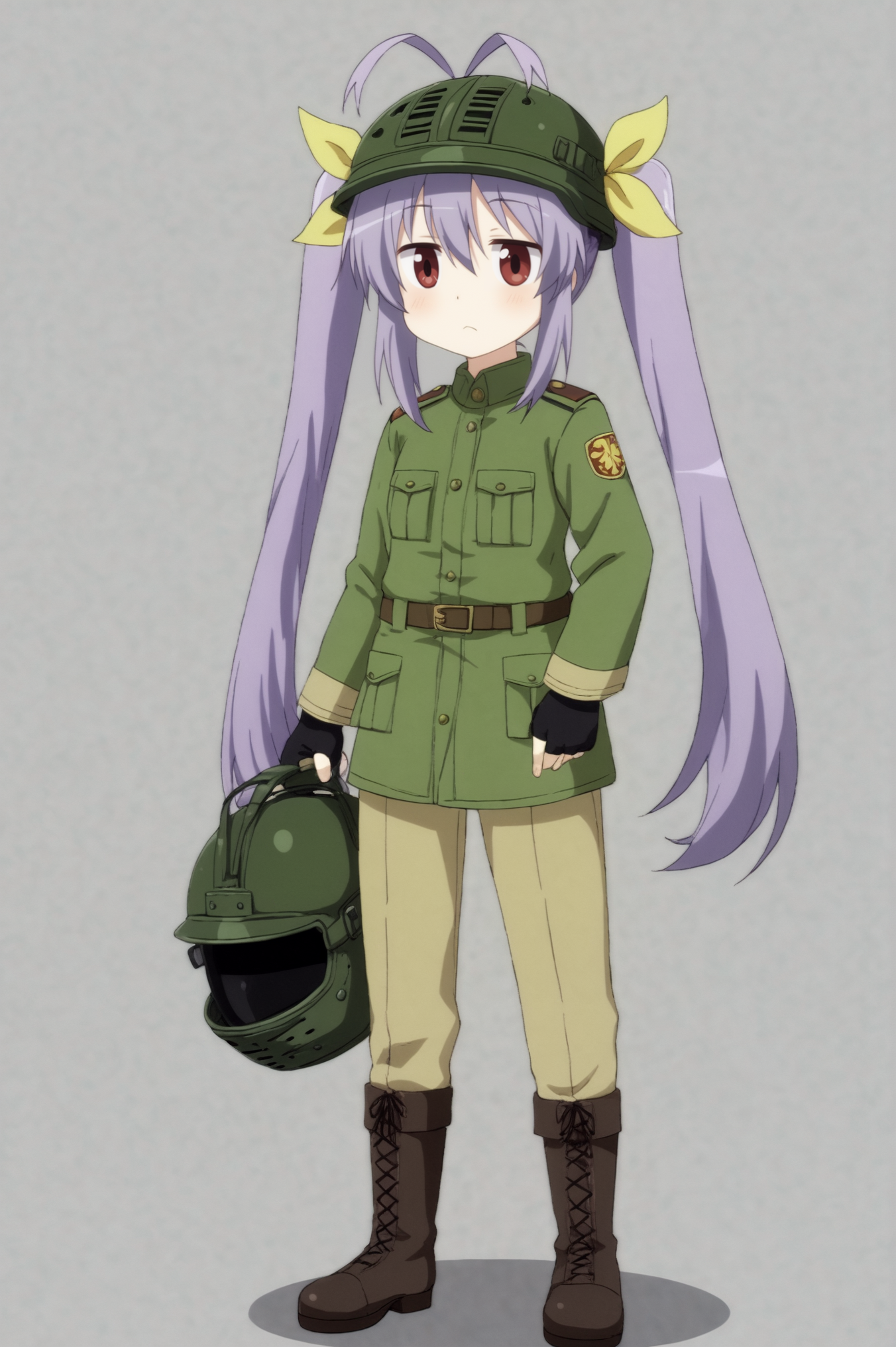 <lora:Renge_Miyauchi:0.7>, Renge Miyauchi, 1girl, helmet, antenna hair, twintails, solo, purple hair, red eyes, gloves, uniform, military uniform, military, white background, long hair, hair ribbon, ribbon, simple background, boots, unworn helmet, fingerless gloves, holding, looking at viewer, holding helmet, full body, unworn headwear, pants, yellow ribbon, black gloves, blush, standing <lora:sdxl_lightning_4step_lora:1>