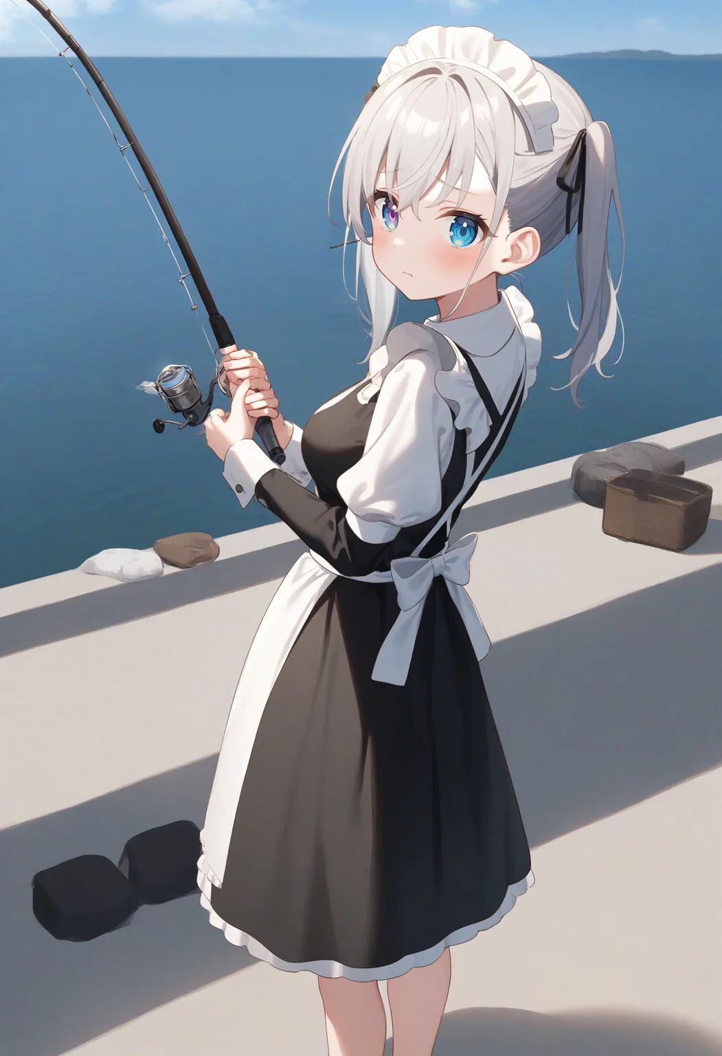 1girl,sincos, ningen mame, toosaka asagi,solo,medium breasts,20yo,maid,maid headdress,
fishing, fishing rod, fish, boat, holding fishing rod, holding fish, ocean, day, arm up, water drop, fishing line, <lora:fishing_XL_v1:0.8>
from behind, wide shot, looking to the side, white hair, heterochromia,scared, closed mouth, two side up hair,,
best quality, very aesthetic, absurdres