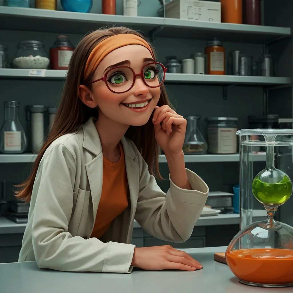 score_9, score_8_up, score_7_up, score_6_up, score_5_up, score_4_up, rating_questionable, 1girl, Hon_Lem, Glasses, smiling, small breasts, leaning over a counter, in a lab, green eyes
