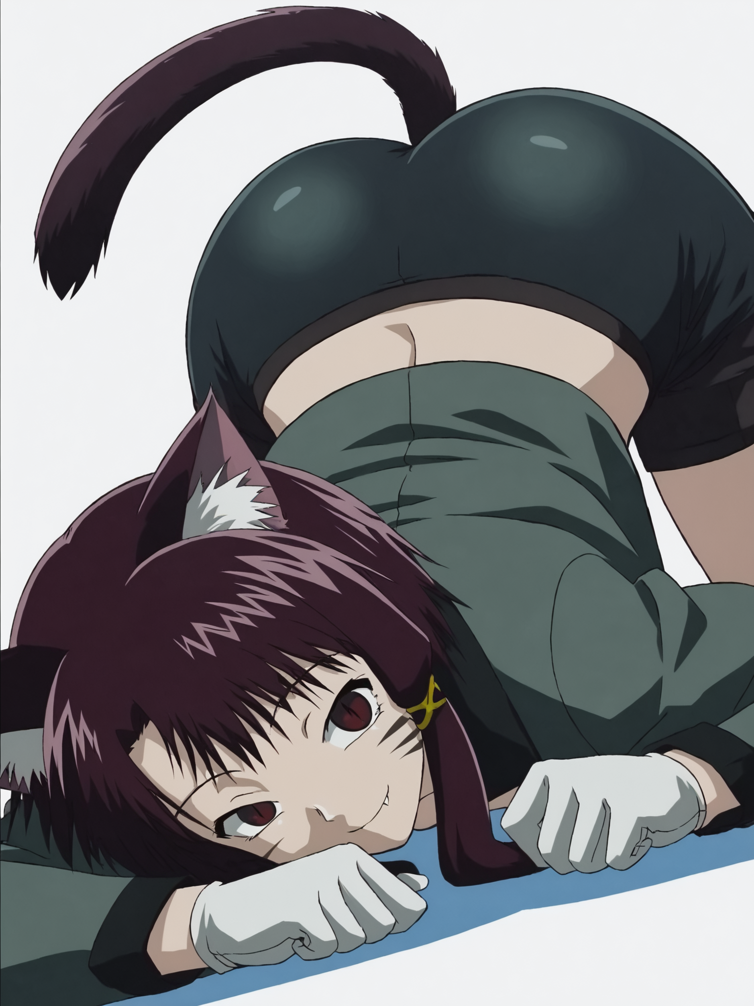 woman, 20 year old, 20 year old woman, adult, score_9, BREAK masterpiece, high quality, white background, <lora:Iwakura_Lain_PS_PDXLv0-e50:0.8> 1girl, solo, iwakura lain ps, animal ears, cat tail, cat ears, looking at viewer, cat girl, ass, smile, facial mark, fang, slit pupils, animal ear fluff, top-down bottom-up, lying, jacket, white gloves, black shorts,