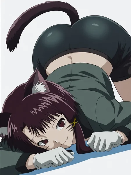 woman, 20 year old, 20 year old woman, adult, score_9, BREAK masterpiece, high quality, white background, <lora:Iwakura_Lain_PS_PDXLv0-e50:0.8> 1girl, solo, iwakura lain ps, animal ears, cat tail, cat ears, looking at viewer, cat girl, ass, smile, facial mark, fang, slit pupils, animal ear fluff, top-down bottom-up, lying, jacket, white gloves, black shorts,
