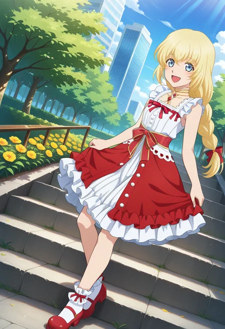 cityscape, park, outdoor, trees, day, flowers, clouds, stairs,
BREAK,
open smile,
full body, dynamic angle,
BREAK,
<lora:coletteX2_illustriousXL_v07:0.9>
coletternd, blonde hair, blue eyes, long hair, braid, single braid, colettemaiden, sleeveless dress, frilled dress, bare shoulders, chest jewel, choker, red hair tie, white frills, multicolored dress, red footwear, white socks, red waist ribbon,, source_anime, very aesthetic, anime coloring, masterpiece,
best quality, amazing quality, ultra detailed, very aesthetic,
detailed background,
BREAK,