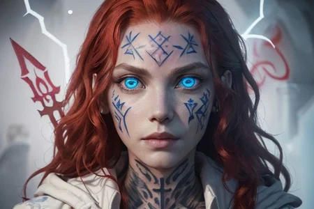 bright red hair, human female, (feminine:1.7), (beautiful face, detailed face:1.6), (beautiful eyes, detailed eyes:1.7), (looking at viewer, eye contact, intense:1.6), (long hair, red hair, curly hair:1.3), , ((masterpiece, best quality, high resolution, realistic, best quality,)), photo realistic, Perfect Face, (detailed face). <lora:GoodHands-vanilla:0.6> <lora:add-detail-xl:0.8>, mage, (Dress White military uniform coat), dagger, rune dagger, glowing runes, , (((glowing magic symbols tattoos, religious tattoos))), ((face tattoos)), glowing tattoos, stone tower in the background