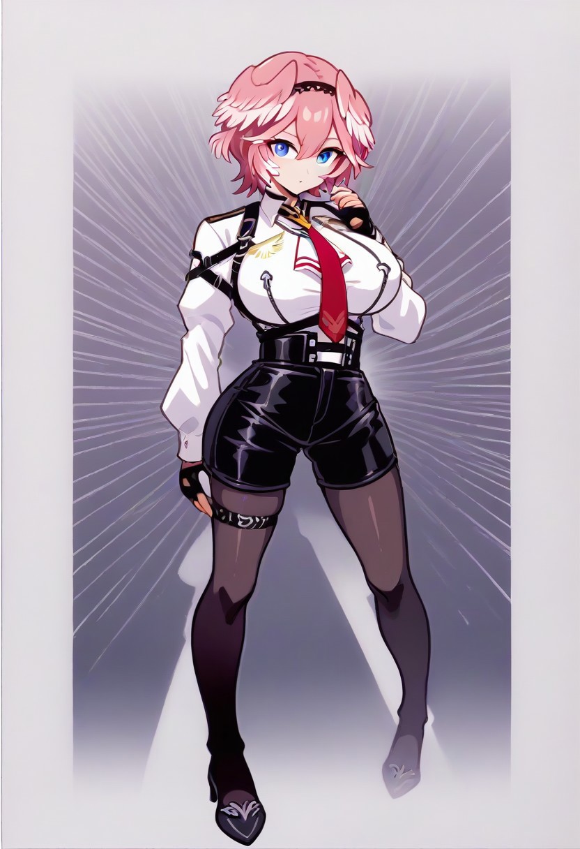 <lora:takane_lui_pony_v01a02_ep08:1> luiFirst, pink hair, short hair, parted hair, double-parted bangs, hair between eyes, black hairband, blue eyes, hair wings, black choker, white shirt, chest harness, breast zipper, red necktie, white ascot, long sleeves, white shirt, black gloves, partially fingerless gloves, thigh strap, high-waist shorts, leather shorts, black shorts, pantyhose, strappy heels, black footwear, wide hips,,,,,,,,,,,,,anime coloring, anime screencap, 1girl,Solo ,, anime,PUFFY nipple,huge breasts,,,official art, Uncensored ,Unedited ,,,,,,,,,,,,,,,,,,,,,,,