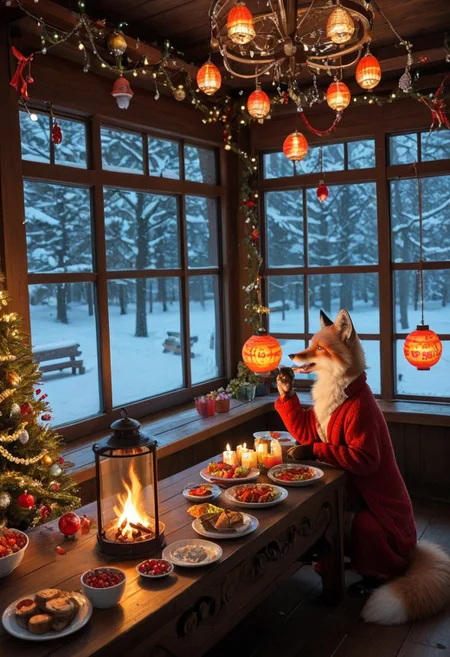 fluffy_new_year, merry_furistmas , a realistic and heartwarming scene featuring a family of white foxes preparing for the New Year celebration in a cozy and festive setting. The room is adorned with traditional decorations, including red lanterns, hanging ornaments, and a table filled with delicious dishes and treats.
The fox family, dressed in festive attire, works together joyfully: one fox is arranging flowers, another is placing food on the table, while playful fox cubs are chasing each other around the room. A glowing fireplace adds warmth to the atmosphere, and outside the window, snow gently falls, creating a magical winter backdrop. The scene captures a vibrant and cheerful New Year spirit.