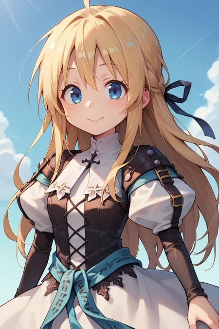 score_9, score_8_up, score_7_up, score_6_up, source_anime, BREAK, <lora:Yggdra:0.9> , yggdef, 1girl, blonde hair, long hair, blue eyes, hair ribbon, ascot, juliet sleeves, cross-laced clothes, dress, solo, smile, happy, exterior, blue sky, (((face))), close-up, looking at viewer, <lora:backgroundsetXL:0.3> , background, <lora:Expressive_H:0.8> , expressiveh, <lora:anapijama:0.4> , anapijama,