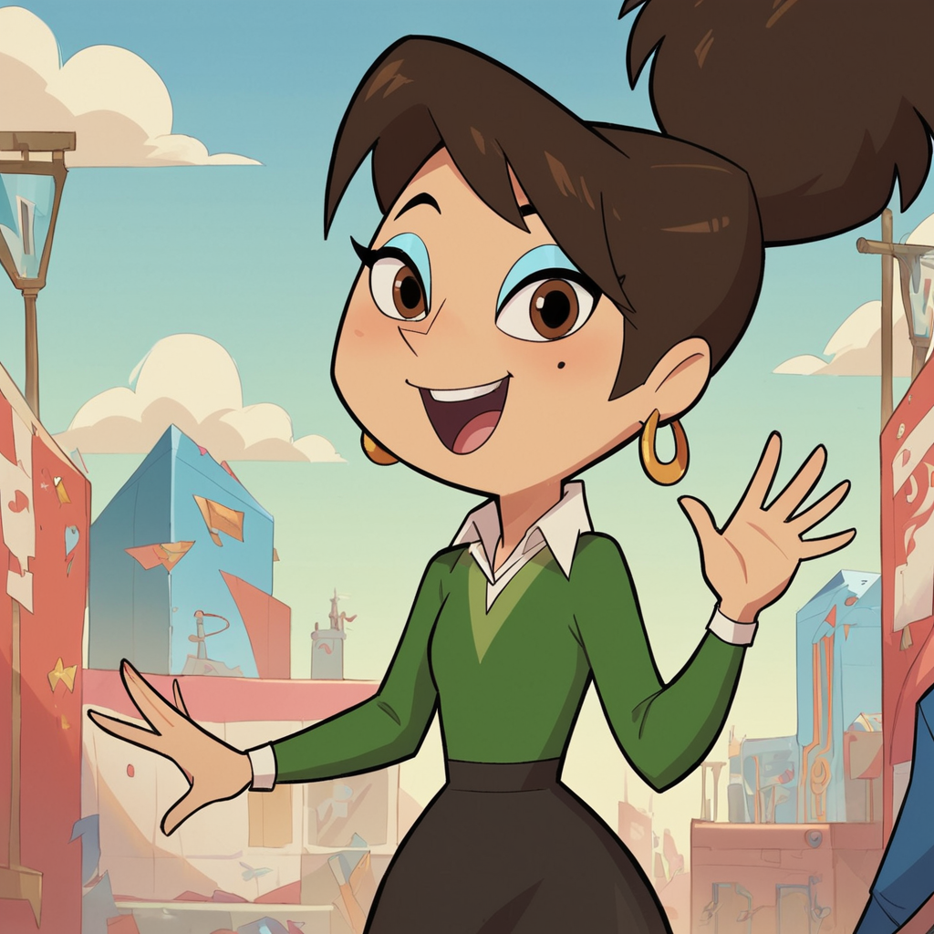 score_9, score_8_up, score_7_up, 1girl, Penelope, brown hair, ponytail, brown eyes, earrings, eyeshadow, flat chest, narrow waist, wide hips, looking at viewer, waving, leaning forward, highres, high quality, masterpiece, highres, high quality, masterpiece, <lora:Penelope_Lang:0.8>