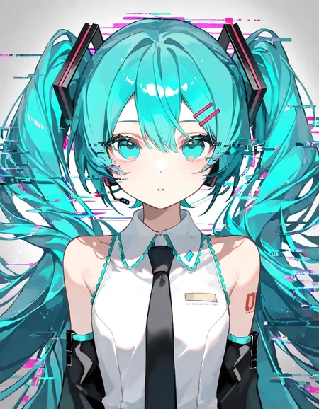 1girl, hatsune miku, aqua eyes, aqua hair, black necktie, collared shirt, glitch, hairclip, long hair, sleeveless shirt, solo, straight-on, twintails, upper body, white shirt, very awa, very aesthetic, masterpiece, best quality, amazing quality, absurdres