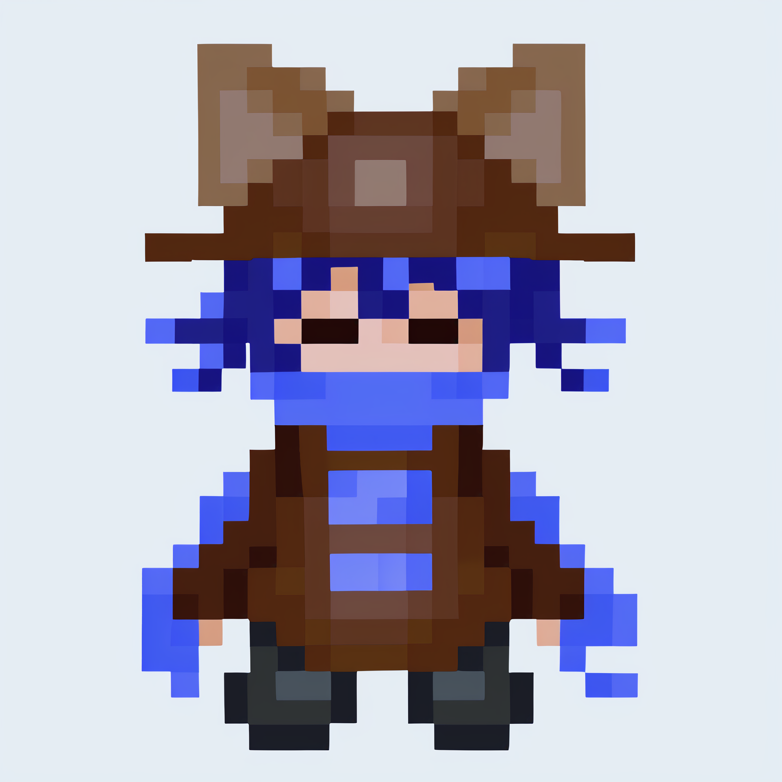 yumenikkisprite, pixel, <lora:YumeNikkiSpriteStyle.safetensors:.95>, <lora:nikov3.safetensors:1>, cniko, blue hair, short hair, hair between eyes, whiskers, cat hat, closed eyes, blue scarf, brown dress, very long sleeves, sleeves past fingers, black legwear, solo, full body, no mouth, arms at sides, simple background, white background