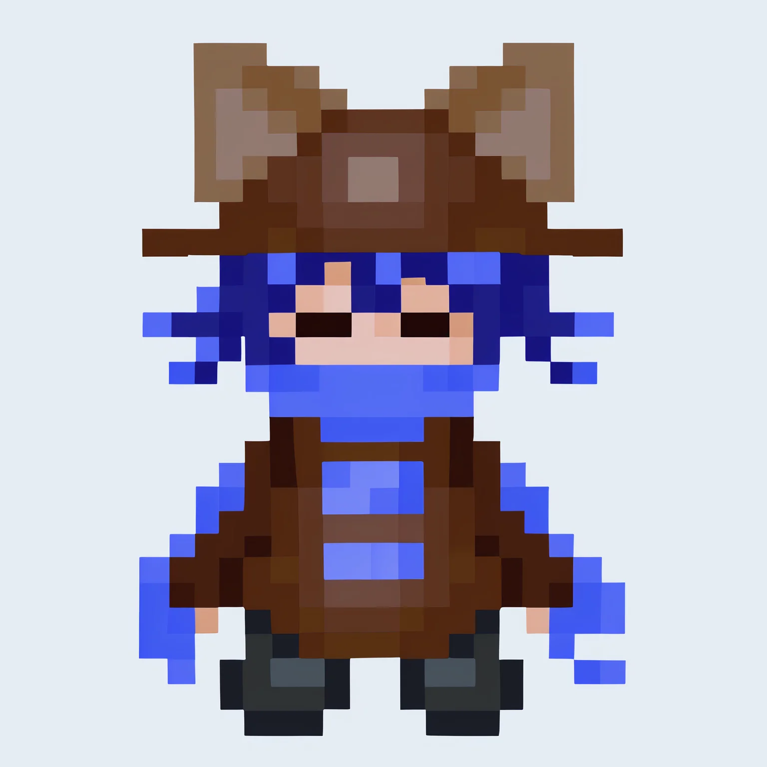 yumenikkisprite, pixel, <lora:YumeNikkiSpriteStyle.safetensors:.95>, <lora:nikov3.safetensors:1>, cniko, blue hair, short hair, hair between eyes, whiskers, cat hat, closed eyes, blue scarf, brown dress, very long sleeves, sleeves past fingers, black legwear, solo, full body, no mouth, arms at sides, simple background, white background