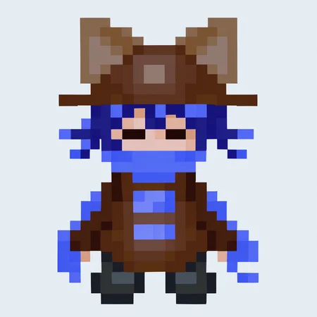 yumenikkisprite, pixel, <lora:YumeNikkiSpriteStyle.safetensors:.95>, <lora:nikov3.safetensors:1>, cniko, blue hair, short hair, hair between eyes, whiskers, cat hat, closed eyes, blue scarf, brown dress, very long sleeves, sleeves past fingers, black legwear, solo, full body, no mouth, arms at sides, simple background, white background