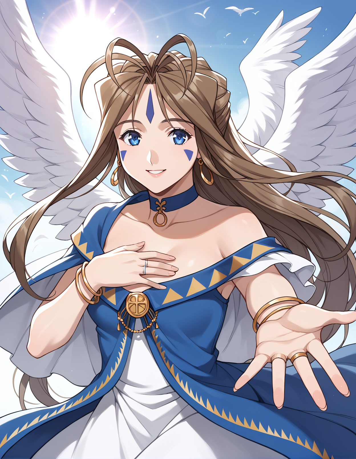 score_9, score_8_up, score_7_up, score_6_up, score_5_up, score_4_up, source_anime, rating_safe, BREAK <lora:belldandyXL_LoRA-C3Lier_AdamW_Dim8_Alpha8_UN-3e-4_TE-1e-4_10batch_ponyDiffusionV6XL_v6StartWithThisOne:1>, belldandy, 1990s (style), 1girl, blue eyes, long hair, antenna hair, brown hair, facial mark, forehead mark, blue cape, frilled sleeves, frilled dress, two-tone dress, white dress, blue dress, jewelry, earrings, choker, ring, bracelet, angel wings, feathered wings, hand on own chest, reaching towards viewer, smile, flying, floating, backlighting, blue sky, sunlight, lens flare