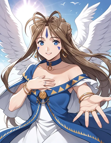 score_9, score_8_up, score_7_up, score_6_up, score_5_up, score_4_up, source_anime, rating_safe, BREAK <lora:belldandyXL_LoRA-C3Lier_AdamW_Dim8_Alpha8_UN-3e-4_TE-1e-4_10batch_ponyDiffusionV6XL_v6StartWithThisOne:1>, belldandy, 1990s (style), 1girl, blue eyes, long hair, antenna hair, brown hair, facial mark, forehead mark, blue cape, frilled sleeves, frilled dress, two-tone dress, white dress, blue dress, jewelry, earrings, choker, ring, bracelet, angel wings, feathered wings, hand on own chest, reaching towards viewer, smile, flying, floating, backlighting, blue sky, sunlight, lens flare