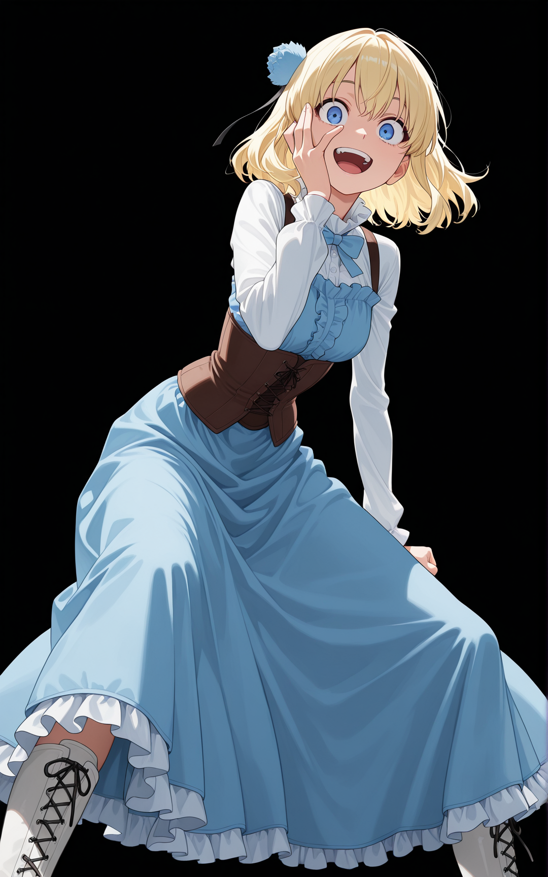 masterpiece, best quality, amazing quality, 

simple background, black background, 

ari4, blonde hair, short hair, hair ornament, blue eyes, dress, bowtie, long skirt, frills, white footwear, knee boots, lace-up boots, 

1girl, cowboy shot, from below, standing, looking at viewer, wide-eyed, smile, open mouth, teeth, leaning forward, arm at side, clenched hand, hand up, open hand, hand on own face, covering face, spread legs