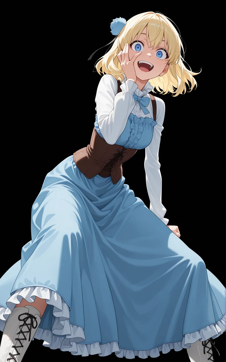 masterpiece, best quality, amazing quality, 

simple background, black background, 

ari4, blonde hair, short hair, hair ornament, blue eyes, dress, bowtie, long skirt, frills, white footwear, knee boots, lace-up boots, 

1girl, cowboy shot, from below, standing, looking at viewer, wide-eyed, smile, open mouth, teeth, leaning forward, arm at side, clenched hand, hand up, open hand, hand on own face, covering face, spread legs