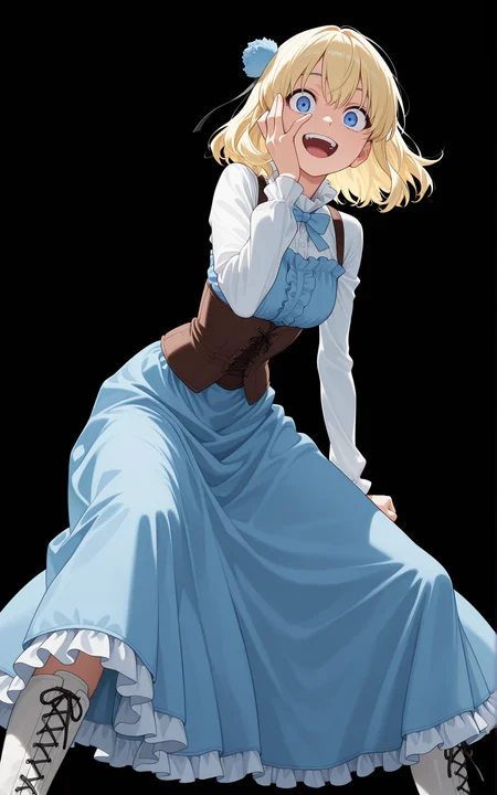 masterpiece, best quality, amazing quality, 

simple background, black background, 

ari4, blonde hair, short hair, hair ornament, blue eyes, dress, bowtie, long skirt, frills, white footwear, knee boots, lace-up boots, 

1girl, cowboy shot, from below, standing, looking at viewer, wide-eyed, smile, open mouth, teeth, leaning forward, arm at side, clenched hand, hand up, open hand, hand on own face, covering face, spread legs