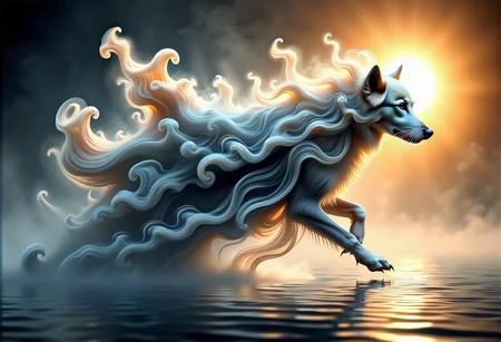 bv-smowormor. A majestic dog, its body partially dissolving into delicate wisps of smoke, creating intricate swirling patterns as it moves, a mesmerizing fusion of wild motion and ephemeral grace, with a rising sun giving the scene a soft, golden glow as the smoke dances in the light The scene is captured with a close-up, emphasizing the delicate transitions from solid form to smoke, capturing the ethereal details of both the tangible and intangible elements. The lighting is designed to create an enchanting, dreamlike glow with soft, diffused highlights accentuating the smoke transitions. The scene features reflective surfaces, like water or glass, that enhance the transformation by bouncing light off the smoke, amplifying its surreal quality. The style is a hyper-detailed digital painting, focusing on the smooth transitions and ethereal textures of smoke. , <lora:bv-smoke-world-morph-1-0.safetensors:1.0:1.0>