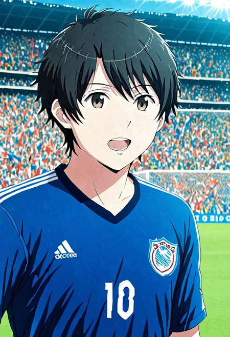 high resolution, solo, best quality, 1Boy, Inaho Kaizuka, Black Hair, soccer player, field, portrait, sport photography, celebration, OverallDetail