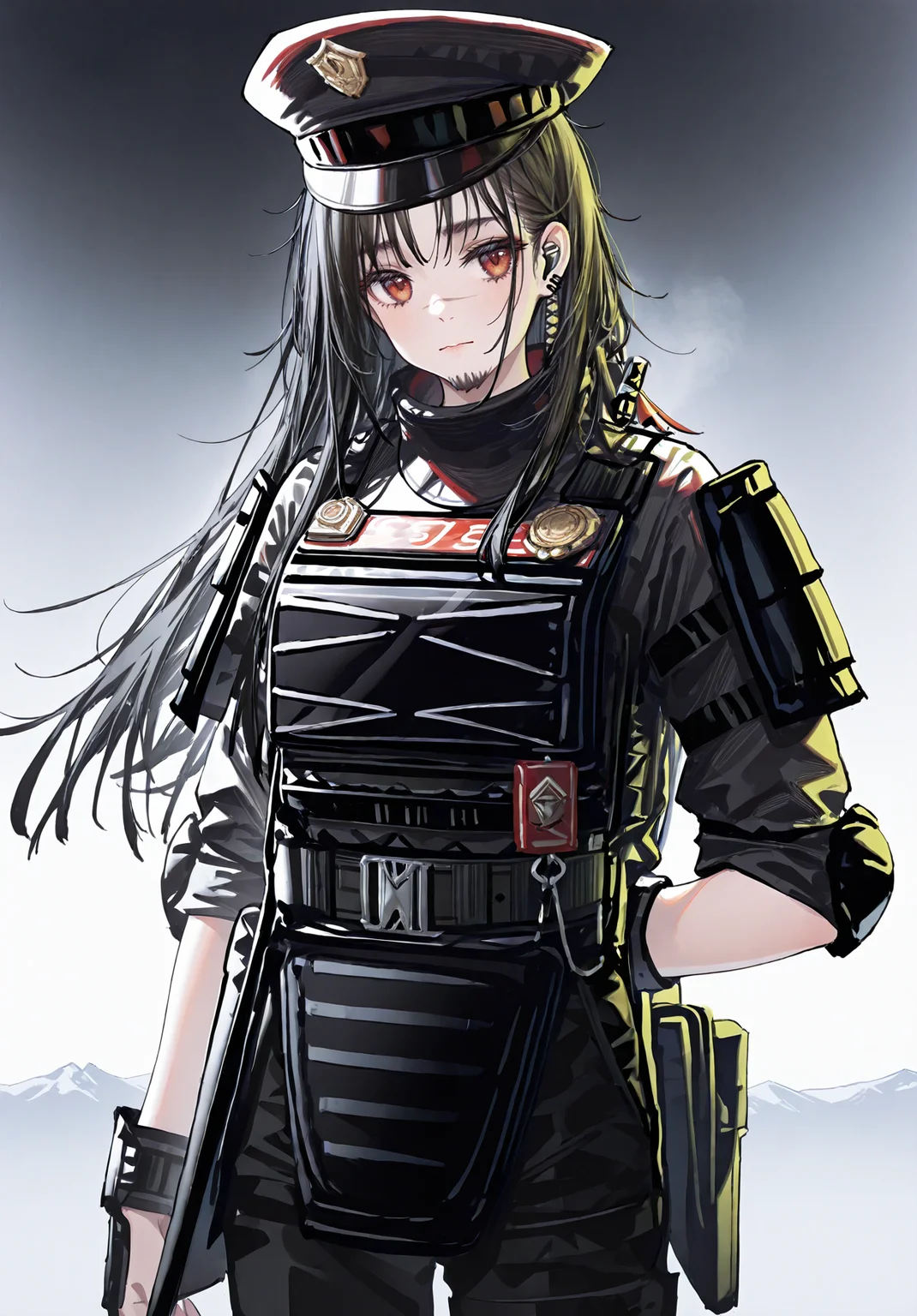 <lora:hand 5.5:1>,(artist:ningen_mame:0.9),(artist:sho_(sho_lwlw):0.9),(artist:rhasta:0.9),(artist:wlop:0.7),(artist:ke-ta:0.6),(fkey:0.5),(fuzichoco:0.6),artist:chen bin,(hyouuma:0.93),tianliang duohe fangdongye,
1girl,solo,cowboy shot,
<lora:Jesselton(noob)>,
Jesselton,military hat,brow hair,messy hair,red eyes,scar on face,ear piercing,military uniform,chest harness,shoulder guard,wrist guards,black pants,long hair,