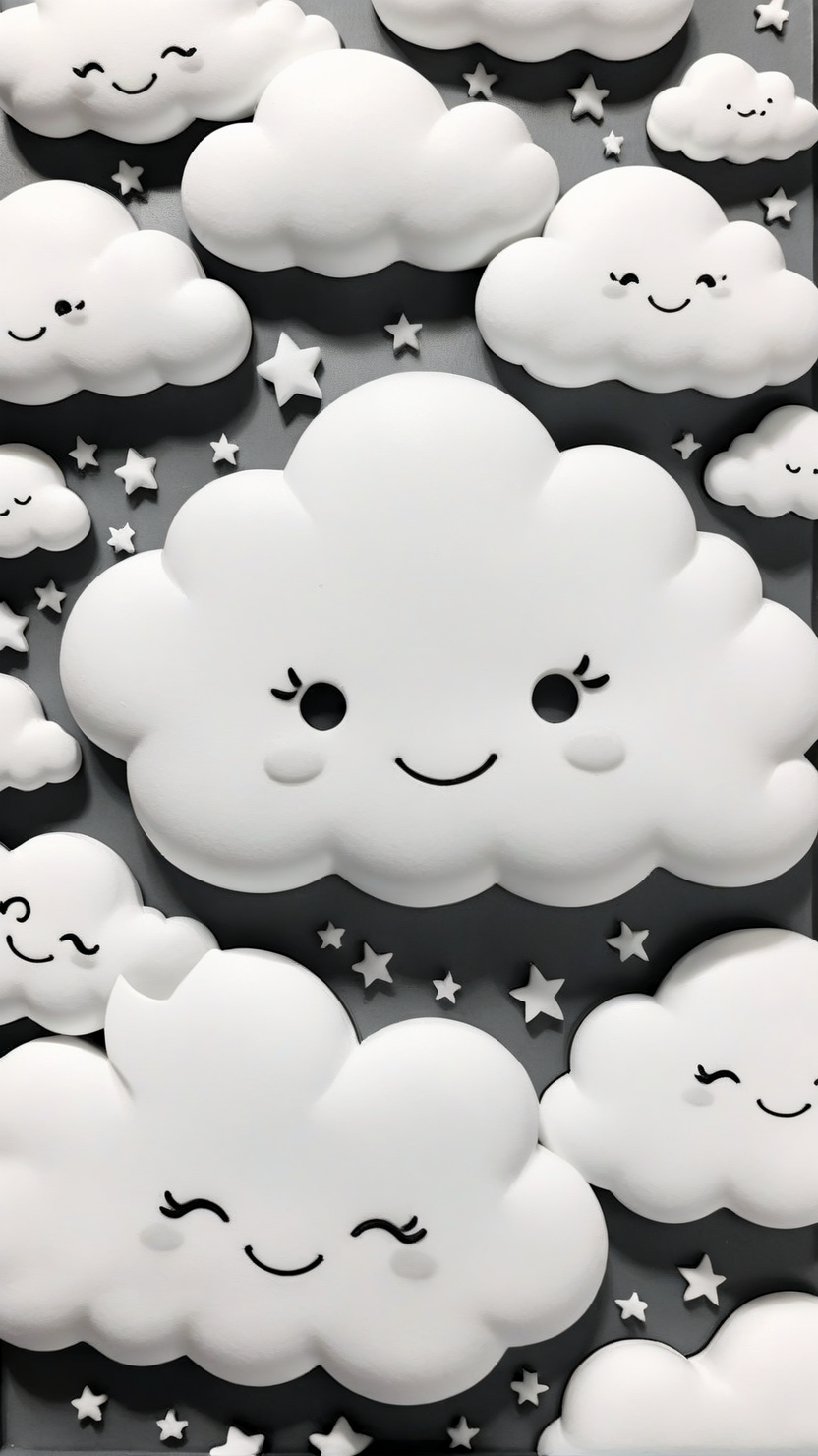 <lora:3DPrintingXL:1>,whitemold,3d printed mold,art style,greyscale,monochrome, Cloud-shaped, smiling, with small stars around it, soft and fluffy, whimsical design