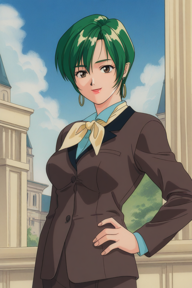 masterpiece, best quality, source_anime,official art,perfect_anatomy,1990s_\(style\),retro_artstyle,1girl, mm,a mature female,Milia_Fallyna,green_hair,bangs,short_hair,earrings,lipstick,makeup,suit,(beautiful detailed face,looking_at_viewer,smile),hands_on_hip,cowboy_shot,day,blue_sky,cloud