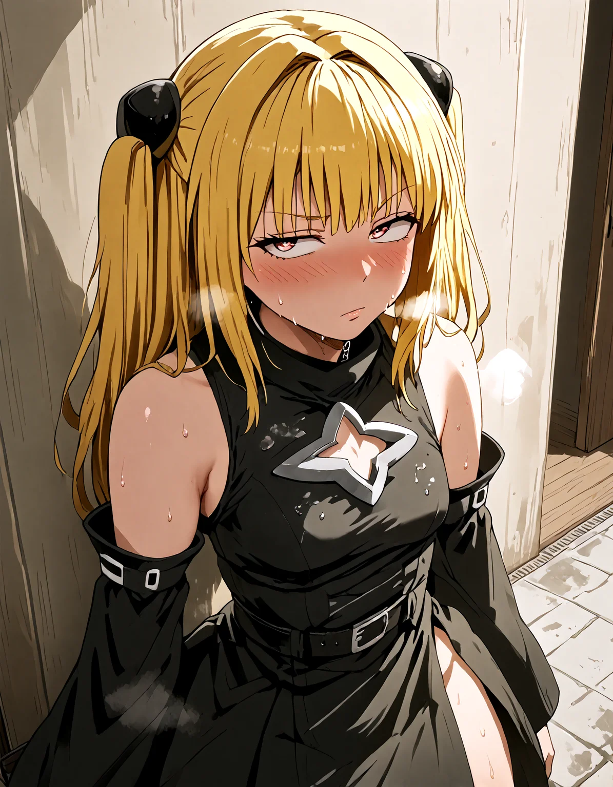 score_9,score_8_up,score_7_up, source_anime, rating_safe, 1girl, yami, yellow hair, long hair, red eyes, hair ornament, two side up,sleeveless, detached sleeves, dress, black dress, black skirt, clothing cutout, cleavage cutout, blush ,leg_belt ,long_hair ,small_breasts ,solo,pov, looking at viewer, wet body,
BREAK sweat, in heat, steaming body,heavy breathing, half-closed eyes, thick thigh,solo, from_above , solo, indoor, shy,pmg style,masterpiece, best quality, newest, absurdres, highres, detailed background,
, <lora:pmg_001:0.7> ,<lora:golden-darkness-ponyxl-lora-nochekaiser:1>, <lora:pony_pony_2_adamW:0.9>, <lora:StS_PonyXL_Detail_Slider_v1.4_iteration_3:0.5> ,<lora:flanvia_v1_XL:0.8>, <lora:s_pindoodle:0.5>
