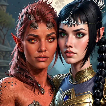 score_9,score_8_up,score_7_up,score_6_up,score_5_up,score_4_up,rating_questionable,extremely detailed,high quality,realistic,beautiful eyes,moon,night,2girls,looking at viewer
BREAK
karlach,glowing eyes,red skin,horns,(steel armor:1.2),light smile
<lora:Karlach_PonyXL:0.7>
BREAK
shadowheart,black hair,braided ponytail,green eyes,circlet,armor
<lora:ShadowHeartXL:0.7>