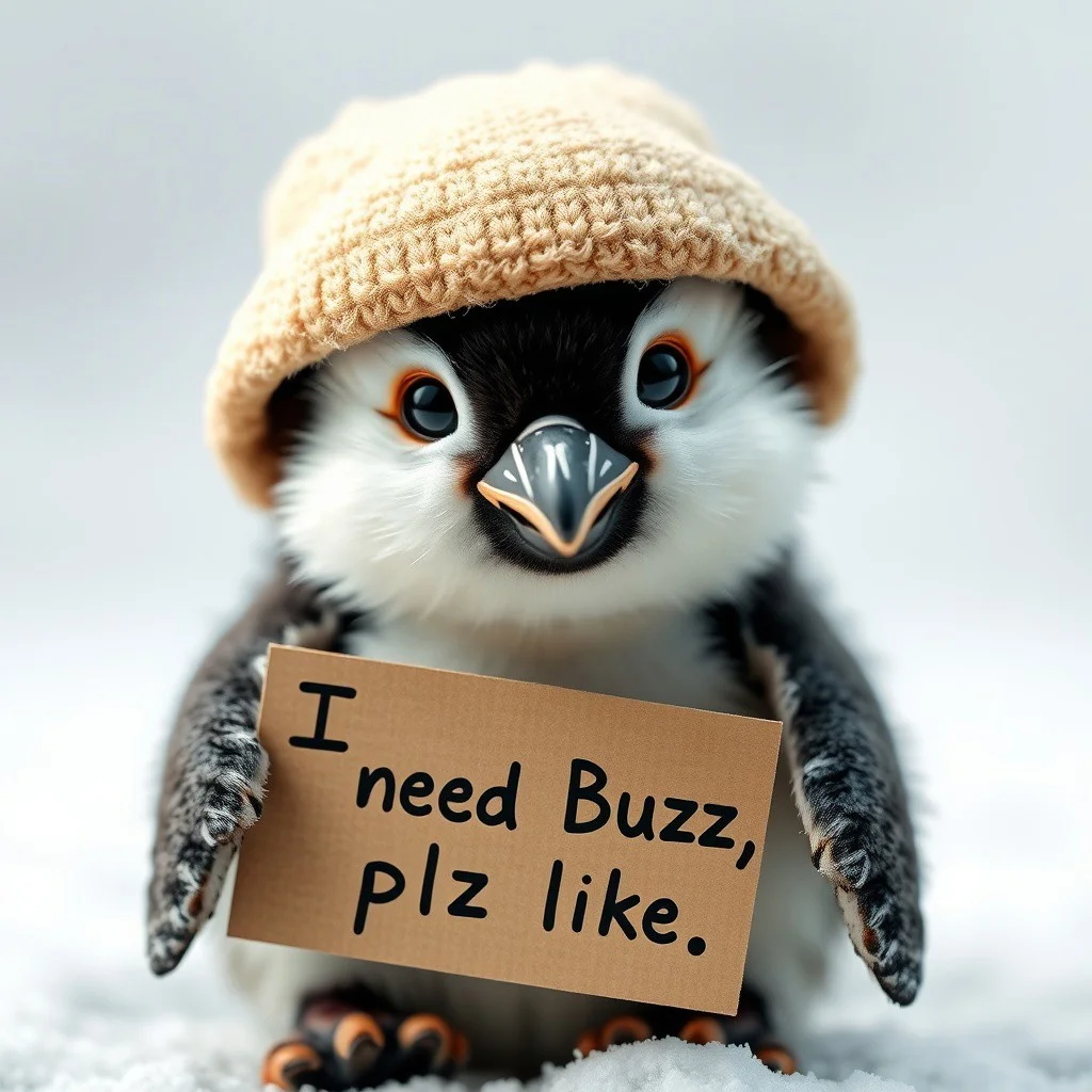 Cute baby penguin with a cardboard banner that reads: "I need Buzz, plz like"