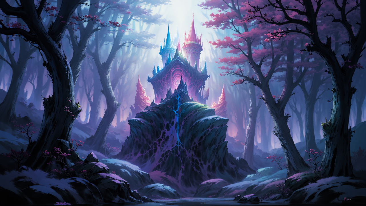 painted world,a haunted castle surrounded by pitch black silhouettes of dead trees,