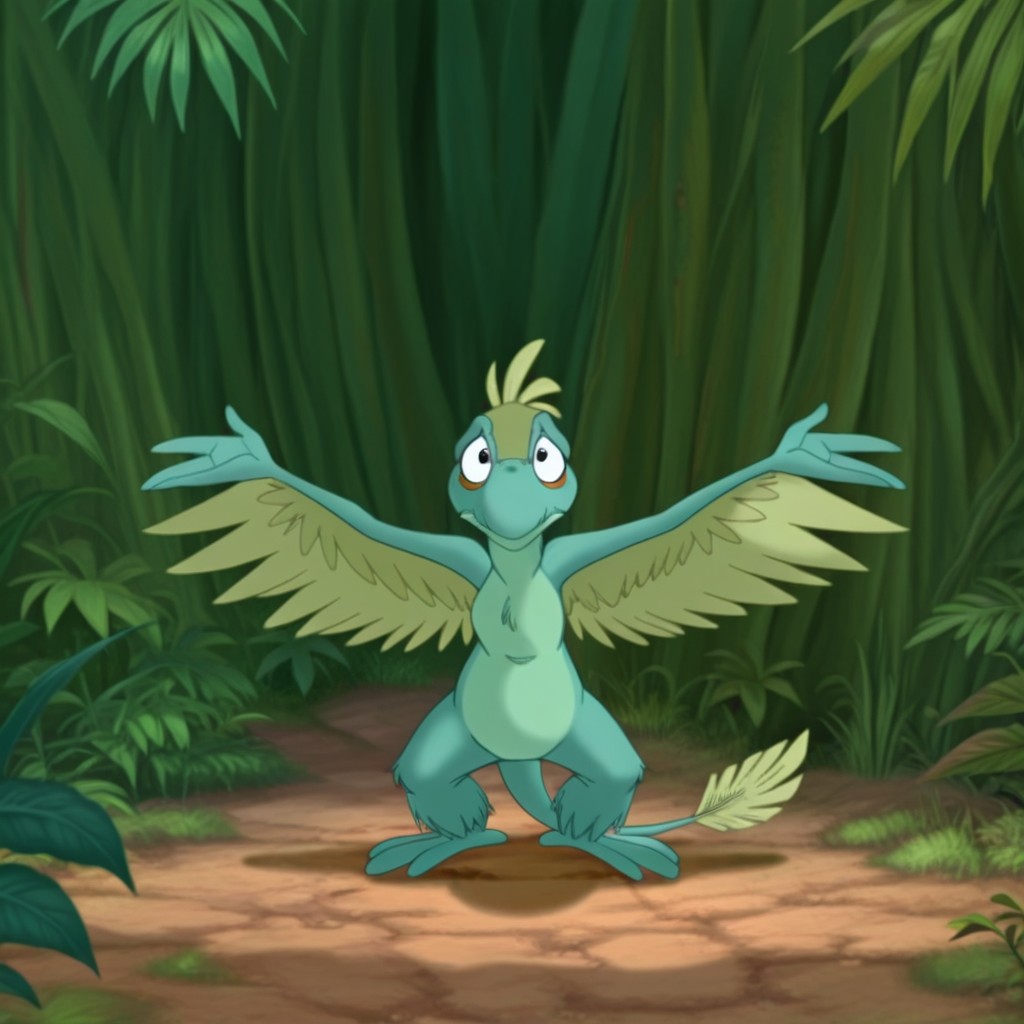 masterpiece, best quality, amazing quality, Guidolbtil, feral, male, Microraptor, green feathers, winged arms, tail, black eyes, jungle, standing, outstretched arms, <lora:f50703e9-7f40-4934-8734-c9effec5d1f7:1.0>