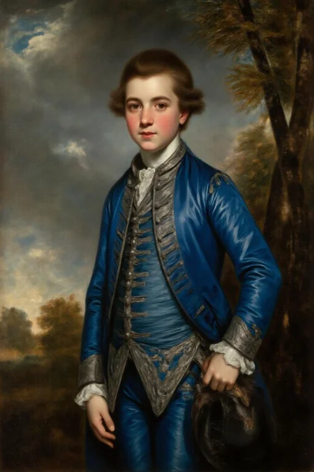 jore1 gainsbo1 painting.
An elegant portrait of a young boy dressed in a striking blue silk outfit from the 18th century, standing confidently against a soft, natural landscape backdrop. The boy is adorned with a doublet and breeches of a rich, vibrant blue, accented by intricate silver embroidery and white lace collar and cuffs. His pose is poised and relaxed, with one hand resting on his hip and the other holding a feathered hat. The background features a soft, atmospheric blend of clouds and trees, emphasizing a harmonious balance between the subject and nature. The painting is rendered in a classic, detailed, and realistic style, reminiscent of 18th-century Rococo portraiture
<lora:jore1_cap_d6a3e12:1.0><lora:818388752767464216:0>