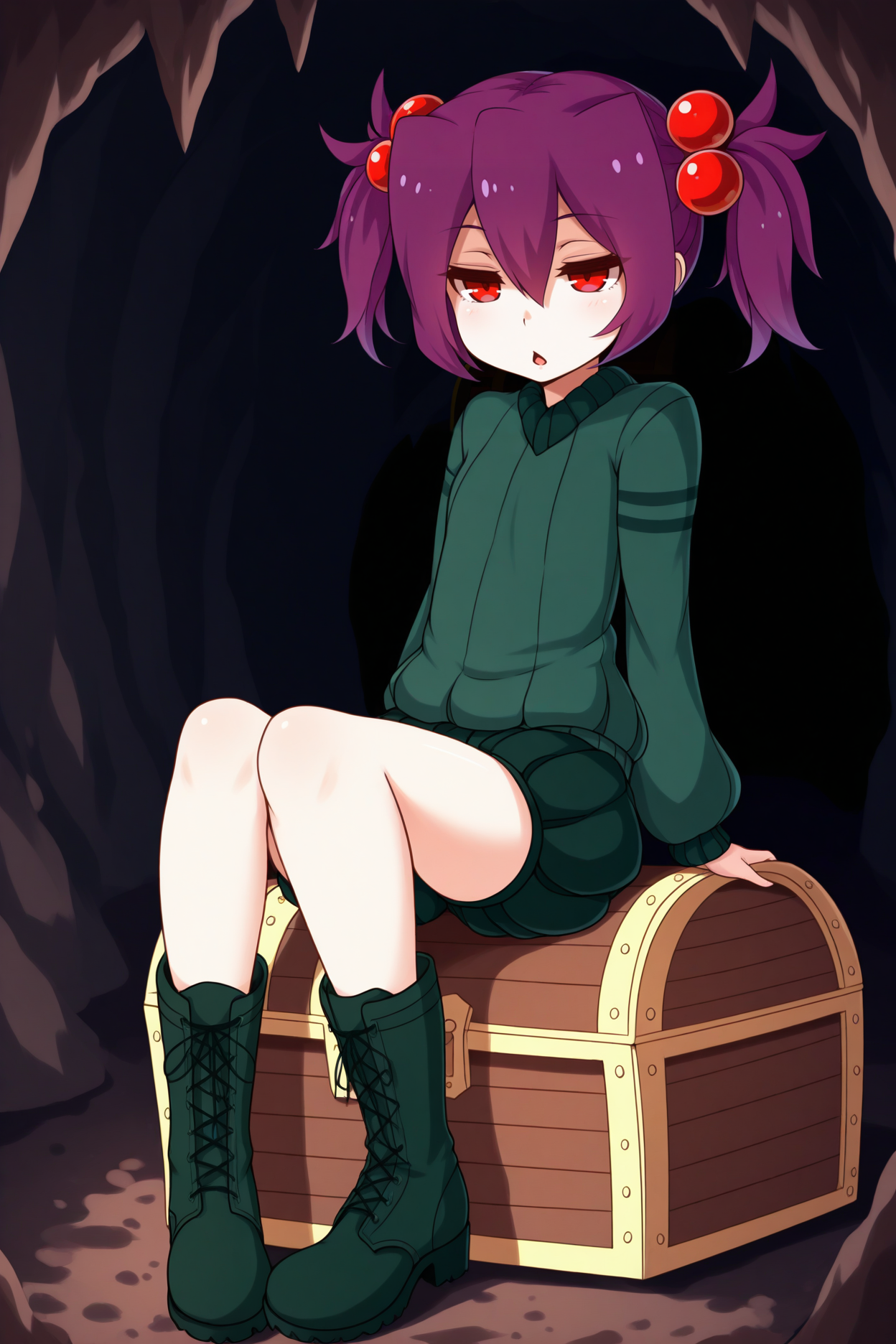 masterpiece, best quality, 1girl, solo, <lora:cavespider-illu-nvwls-v1-000005:1> mtcs, purple hair, short twintails, red eyes, hair bobbles, green sweater, green shorts, short shorts, green boots, lace-up boots, sitting on treasure chest, cave, dark, chestnut mouth