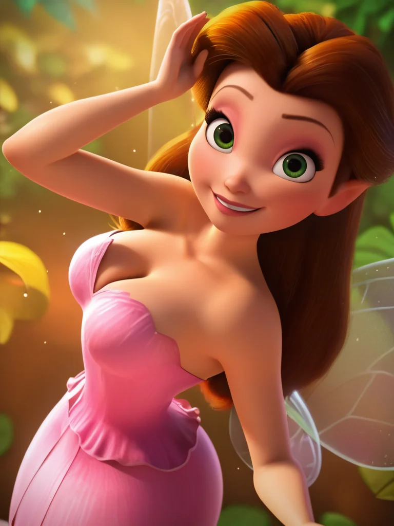 score_9, score_8_up, score_7_up, score_6_up, 1girl, fairy wings, green eyes, brown long hair, pink dress, bare shoulders, sexually suggestive, curvy, medium breast, sexy, looking at viewer, cowboy shot, dynamic pose, cute, solo, dutch angle, cleavage, forest, vegetation, smile, :D, from above, particles around, from side, arms togother, cute pose,
RossetaXLP , cartoon, <lora:RossetaXLP_character:0.8> <lora:DisneyStudios_style:0.8> DisneyStyleXLP, cinematic,