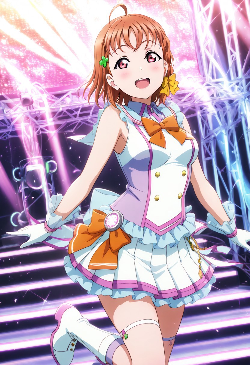 masterpiece, best quality, solo, 1girl, aged up, happy, medium breasts, 
 takami_chika, chika_takami, short hair, hair ornament, red eyes, bow, braid, ahoge, hair bow, orange hair, side braid, yellow bow, clover hair ornament, skirt, sleeveless top, pleated skirt, futuristic idol outfit, glowing accents, metallic trim, stage lighting, digital holograms, blue and purple hues, neon lights, high-tech concert stage, vibrant energy, sleek boots