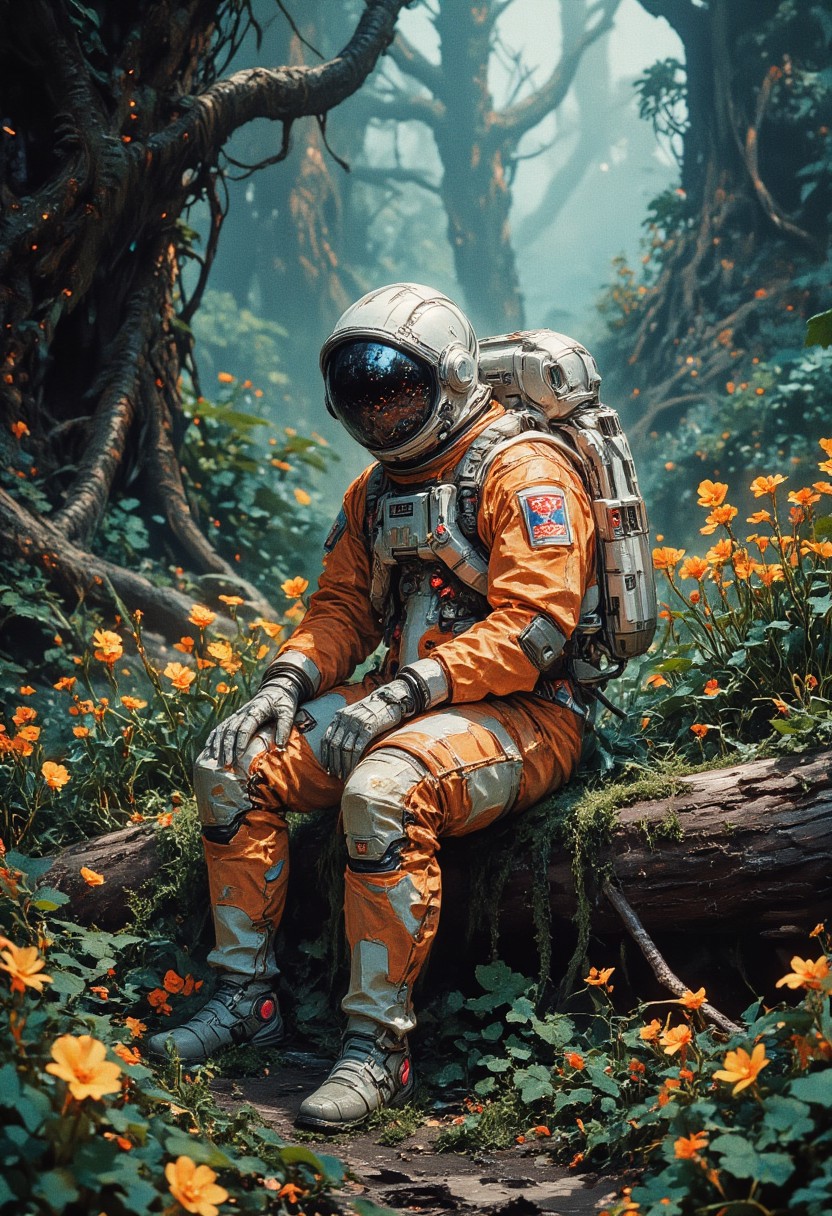 Astronaut in a futuristic orange and white spacesuit sitting on a log in a lush alien forest. The forest is filled with vibrant green plants and glowing yellow flowers, softly illuminated by diffused ambient light. The atmosphere feels peaceful, blending the advanced technology of the astronaut with the untouched beauty of nature. Background trees fade into a subtle mist, adding depth and mystery to the composition