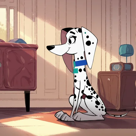 score_9, score_8_up, score_7_up, score_6_up, score_5_up, score_4_up, <lora:DelilahDalmatian:1>, delilahdalmatian, solo, 1girl, black and white fur, sitting, smiling, collar, animal, dog, dalmatian, indoors, living room,