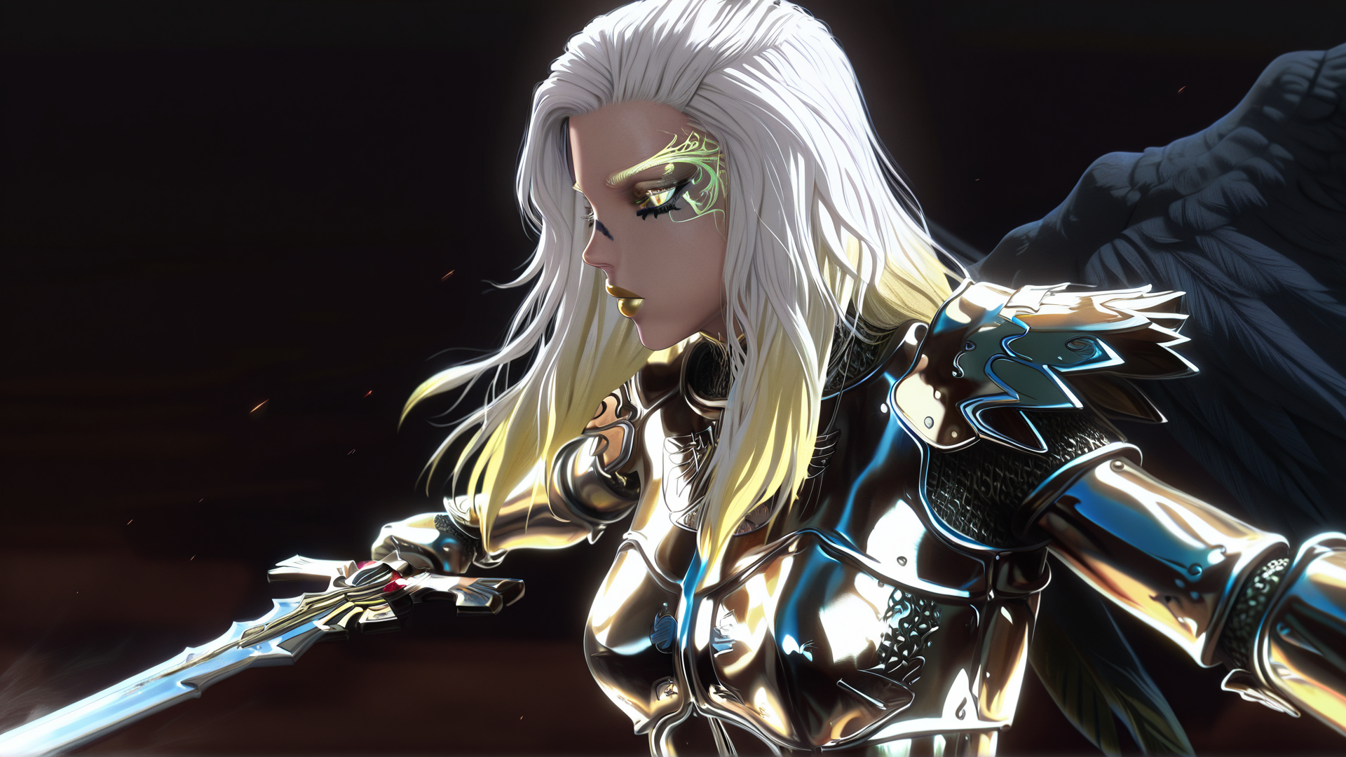 masterpiece, best quality, amazing quality, absurdres
1girl, solo, vasiy, uriel, angel, pointy ears, two tone hair, white hair, yellow hair, yellow eyes, yellow lipstick, tattoo, wings, long hair, gold armor, gold chainmail, war makeup, alone, holding sword, fighting stance, dark_art_style
 <lora:Vasiy-Uriel_V2:1>  <lora:dark_art_style_illustriousXL:1>