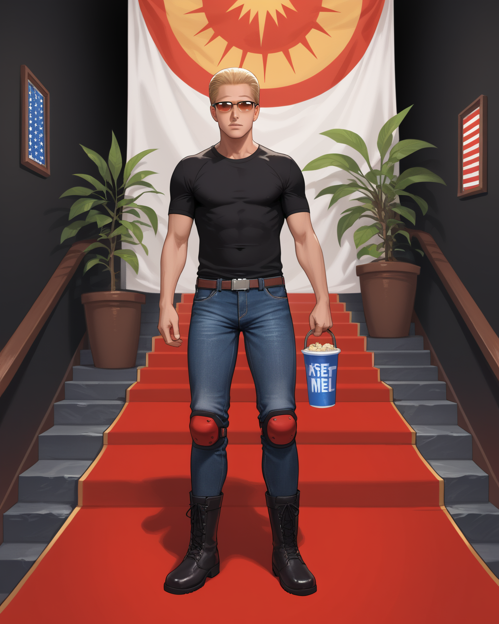 PonyScores7, source_anime, ah1, best quality, (masterpiece:1.4), (high quality:1.4), sharp focus, 4k, absurd resolution, <lora:albertwesker-guy-PONYv1:0.8> albertwesker, albert wesker, 1boy,  blonde, (sunglasses:1.3), looking at viewer, toned, athletic, fit, slicked back hair, mature male, short hair, (weaver, creating banners and flags to inspire troops in battle), (Gambling Den, Entrance Hall, grand staircase, red carpet, security personnel checking IDs, decorative plants, elegant wall sconces), bad-hands-5, ((Funereal, A face bearing the solemnity associated with a funeral or mourning expression)), <lora:xl_more_art-full_v1:0.2>, <lora:shinyskin2:0.2> glistening skin, <lora:aesthetic_anime_v1s:0.2>, <lora:Expressive_H:0.2> Expressiveh, <lora:hairdetailpxl:0.2> hairdetailpxl, <lora:detailxl:0.2> detailxl, (Ground level view Extreme Distance shot), (diligent plumber, knee pads, carrying a set of plumbing tools, t-shirt, jeans, steel-toe boots), (focused, intense glare), short hair, (reddish orange eyes, slit pupils), best quality, amazing quality, best aesthetic, absurdres, <lora:expressive eyes:0.2> expressive eyes, <lora:eyedetailpxl:0.2> eyedetailpxl, illustration, Volumetric_Lighting, ultra-detailed, very aesthetic, intricate details, 8k, masterpiece, best_quality, (angular face, sharp_featured face), <lora:Eyes_High_Definition:0.2> EyesHD, handsome, charming, alluring, AS-MidAged,