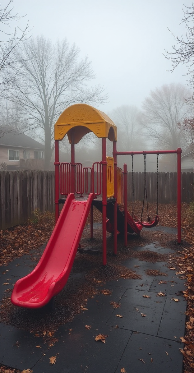 A playground stands forgotten in the morning fog, its red and yellow slide slick with dew. The rubber flooring is cracked, scattered with fallen leaves. A swing set sways slightly, its rusted chains creaking, though no wind can be felt. Beyond the fence, skeletal trees loom, their branches fading into the dense mist. The houses nearby are silent, their dark windows offering no sign of life. The air is thick, heavy with absence, as if the space is waiting for children who will never return.
<lora:Liminal-Space-Flux:1>